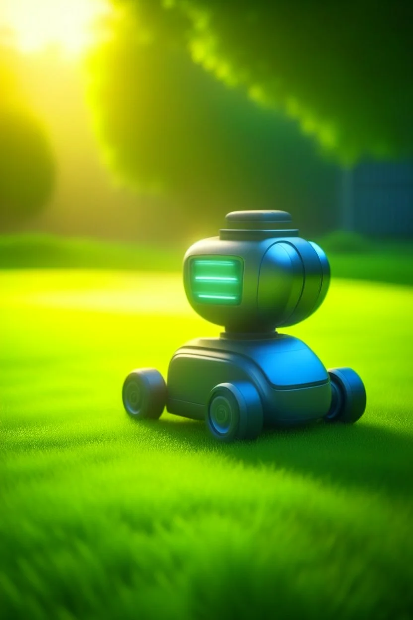 chat lawnmower robot on beautifull lawn, motion blur, smoke, 4k, downlight, soft light, depth of field, photorealism, trending on art station