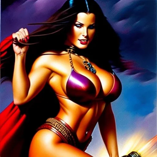 portrait oil on canvas,beautiful booty busty Female Warrior, minimal armor,comic book cover, mystical colors,insanely detailed,realistic,intrincate detail, 16k resolution, masterpiece,Frank Frazetta,Alex Horley, Simon Bisley,ARTHUR ADAMS