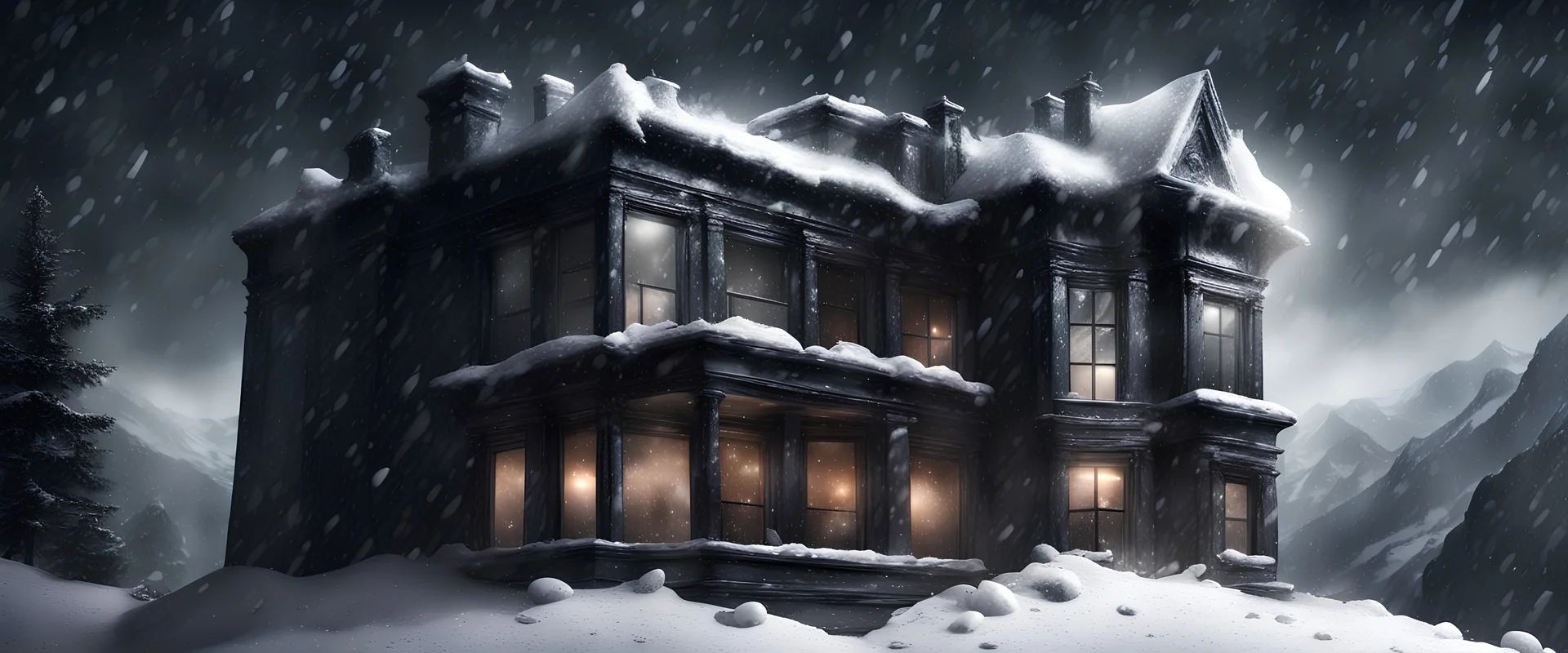 Hyper Realistic Dark haunted hotel with broken window glass & doors on the top of a mountain at heavy snowfall night