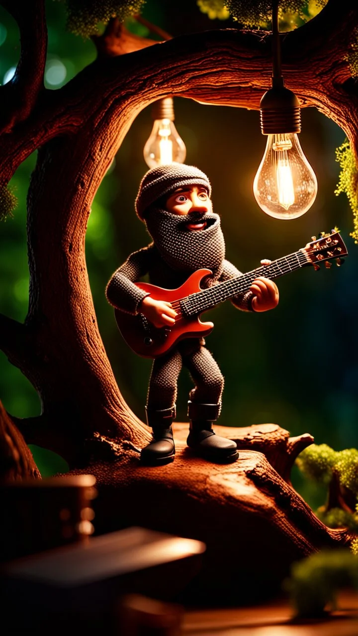 portrait of hairy rock guitar ninja sweet cucumber living inside a tree house in a hollow huge tree growing light bulbs, singing into ornate studio mic,bokeh like f/0.8, tilt-shift lens 8k, high detail, smooth render, down-light, unreal engine, prize winning