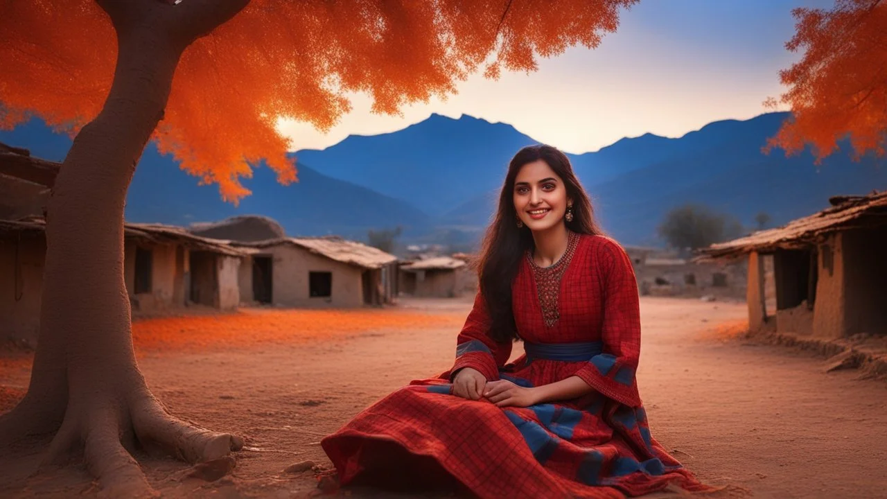 The image should depict a serene evening scene of a traditional Pakistani village at beautiful dark autumn night, featuring a (closeup face view of a) young happy woman adorned in a vibrant red and blue checkered dress, surrounded by rustic houses, thick trees with she is sitting by the tree on orange dry leaves falling and breathtaking mountain landscapes along with lots of dry orange leaves fallen on the ground, bathed in soft golden light and dramatic hues of orange, pink, and purple.