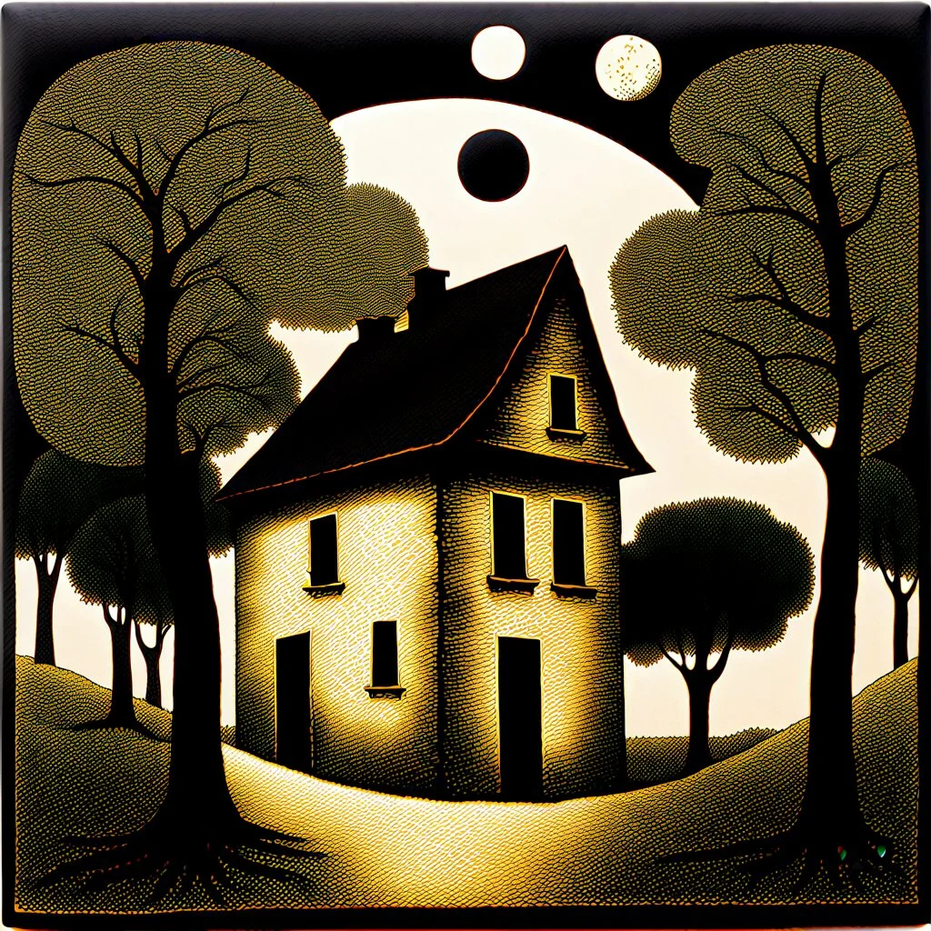 A lone house with trees and a moon René Magritte Max Ernst pointillism decal bas-relief expressionism