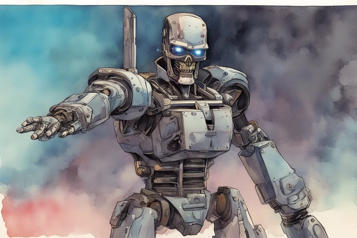 retro anime style, full color, dark serious 1980s anime terminator like robot, moebius artist, magic, watercolor,