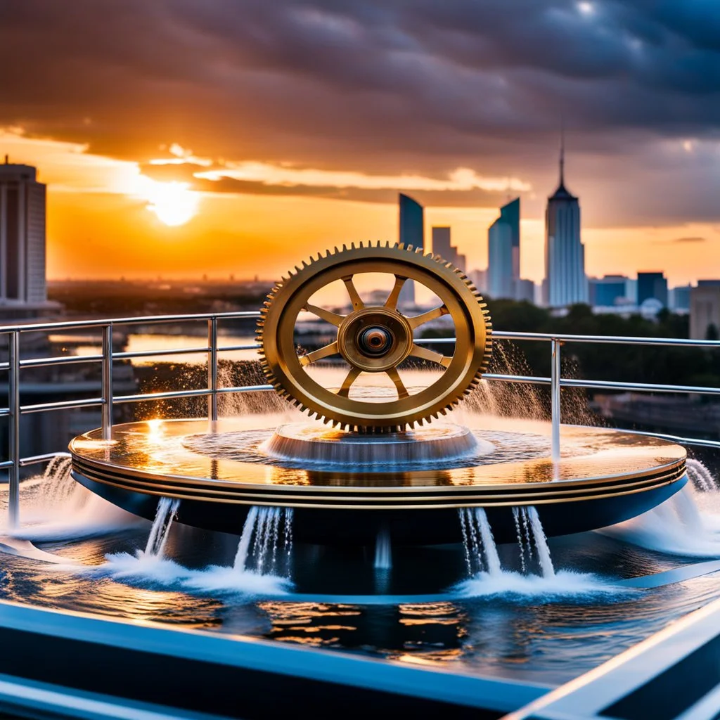 The camera zooms in on the gear mechanism. In the same futuristic water cityscape, the large golden gear smoothly rotates among smaller silver gears, creating powerful splashes of water ,1 fountain shoots water jet to gear and cousing pretty water splashes. The stormy sunset cityscape provides a dramatic backdrop.