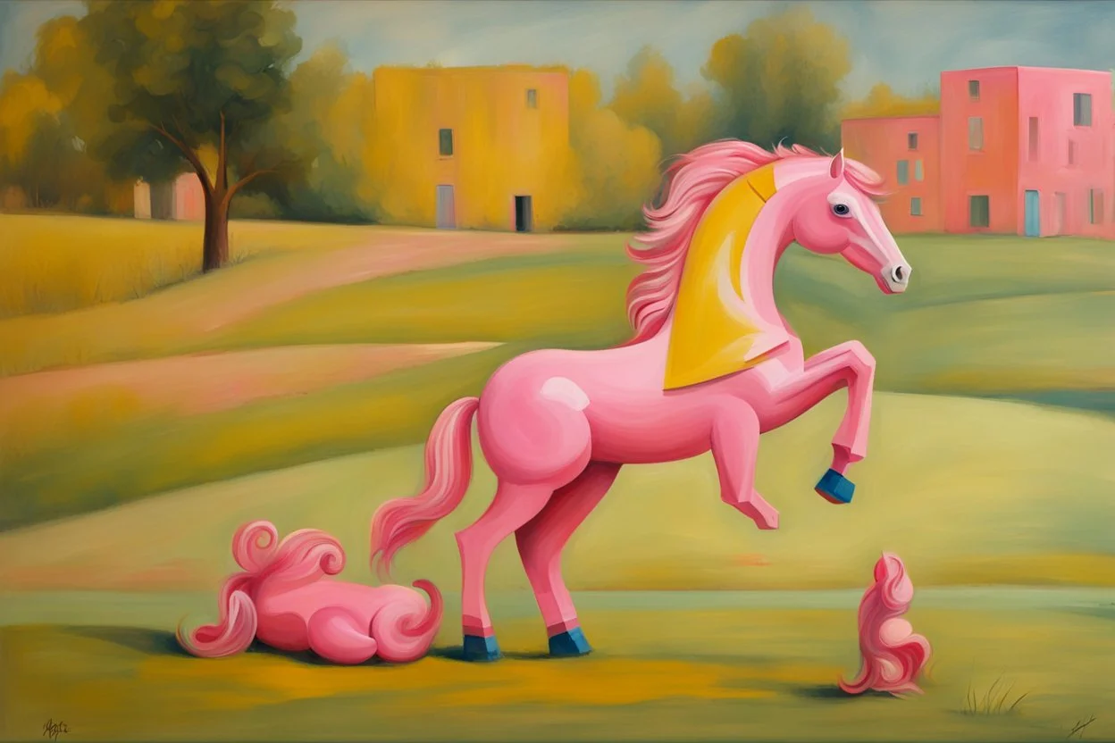 Big pink plastic toy horse.19th painting