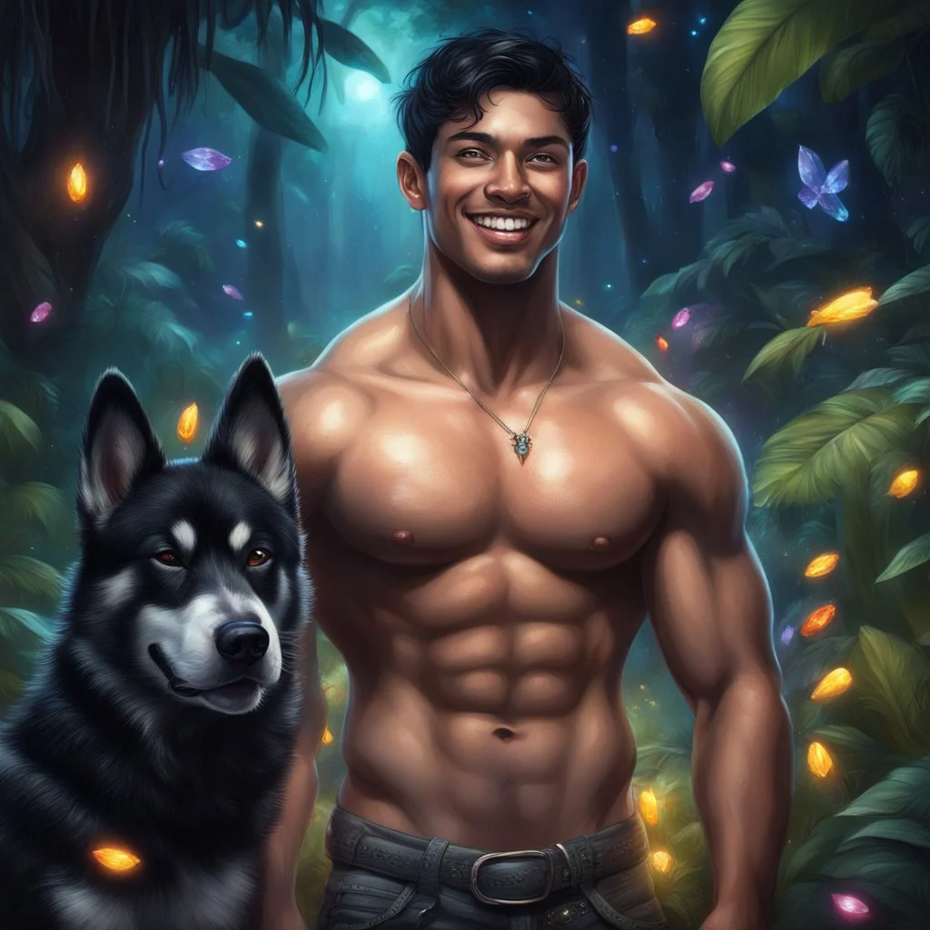 Hyper Realistic handsome shirtless muscular short black hair young king smiling & standing with his black husky in a dark mystical jungle at night with fireflies & colorful crystals