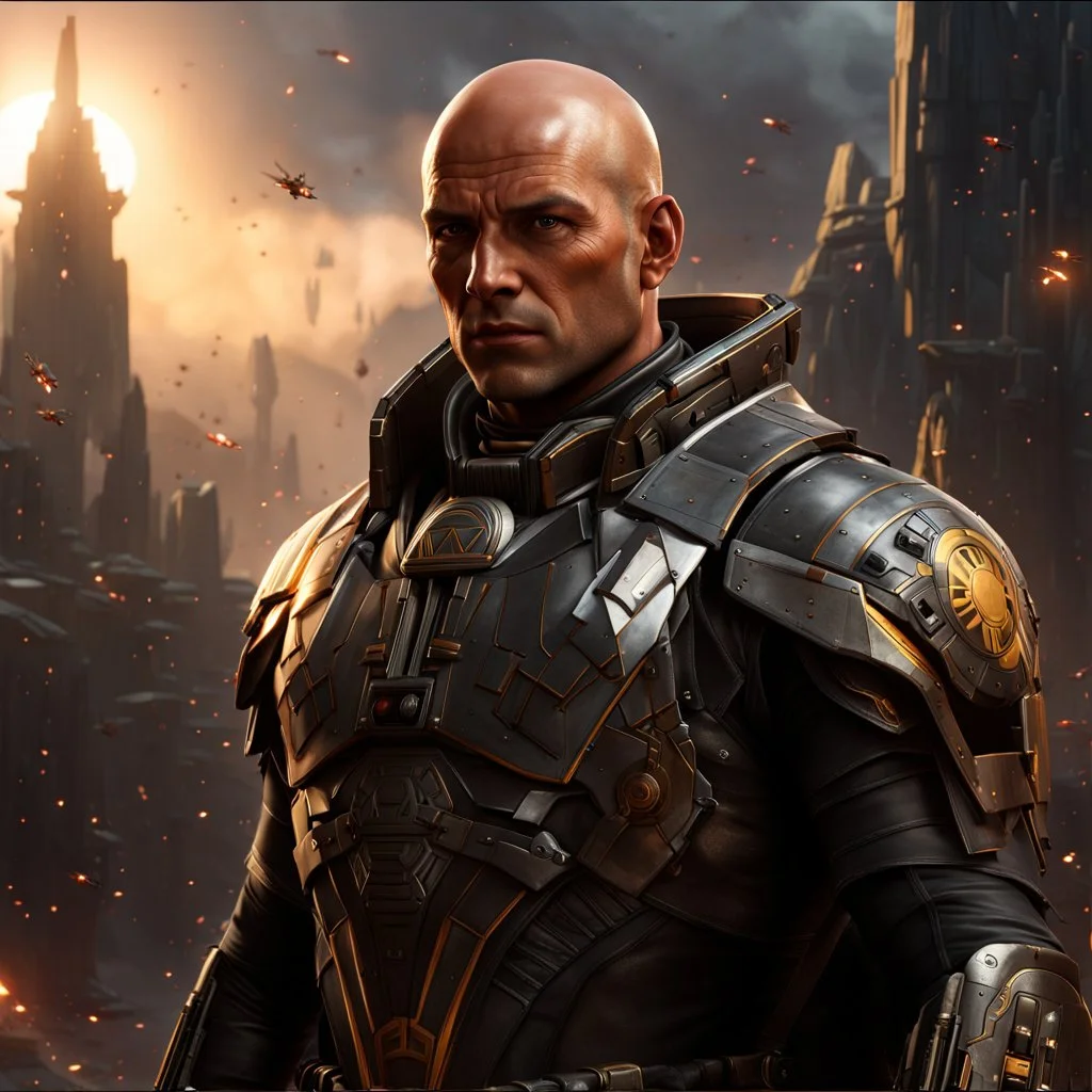 star wars bald male corellian pilot wearing pearlescent black and gunmetal grey First Order special forces heavy assault stealth commando armor and helmet with gold trim inside the jedi temple, hyperdetailed, dynamic lighting, hyperdetailed background, 8k resolution, volumetric lighting, light skin, fully symmetric details