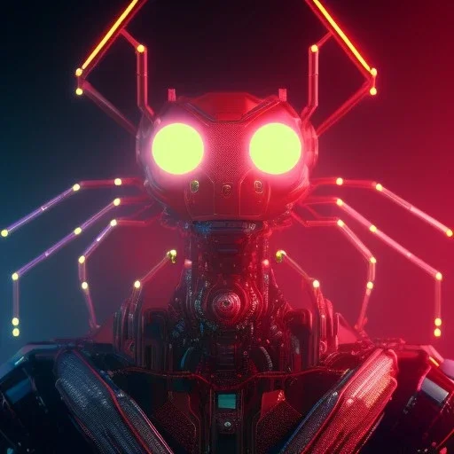 portrait painting of a cyberpunk red robot spider, ultra realistic, intricate details, ultra highly detailed, shiny, smooth, studio quality, octane render, Surrealism, Triadic colour scheme,glow-stick, ambient lighting,nightclub lighting, polaroid, 100mm, --ar 1:1 --v4