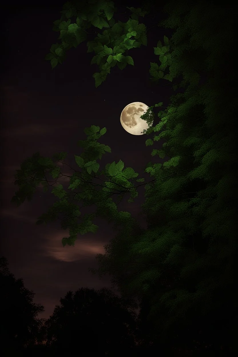 Night, tree leaves, moon, clouds, creepy gothic movies influence, photography