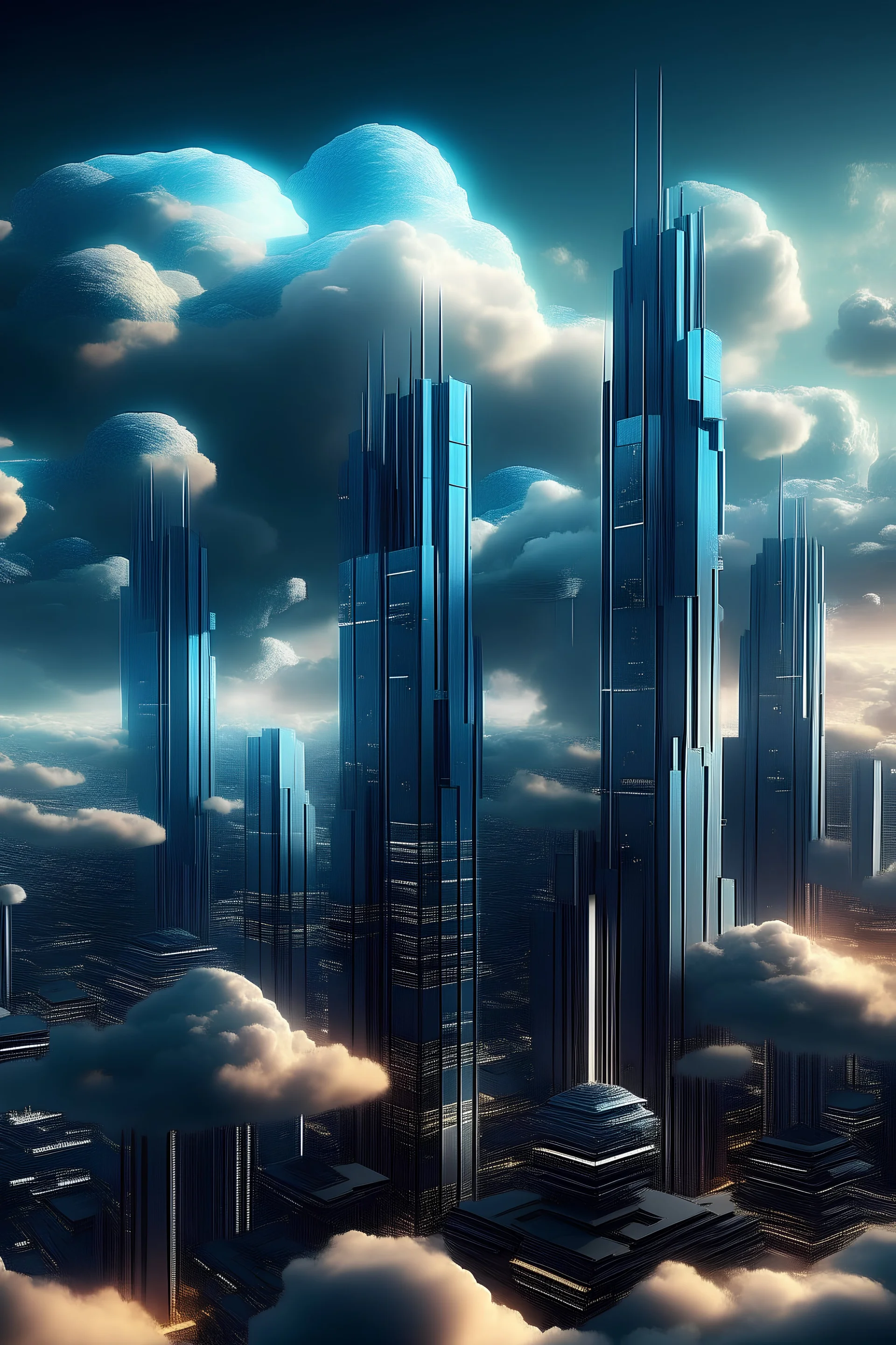 Illustrate a futuristic cityscape dominated by towering cloud servers, symbolizing the power and scalability of top cloud computing services.