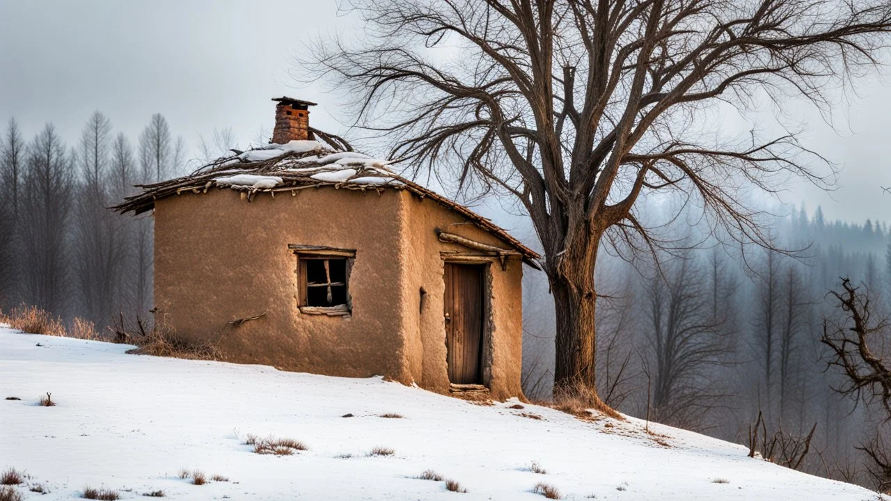 a lonely old adobe hut with worn adobe brown-gray wall and a small window, a crumbling roof, an old chimney stands on a hill, next to it is a small woodshed by the wall, and an old withered tree leans over the hut on thr old tree sitting a black crow, the hut stands on the edge of a European forest, winter, snowy landscape, low light, dawn, snow, high detailed, sharp focus, high realistic, perfect photo