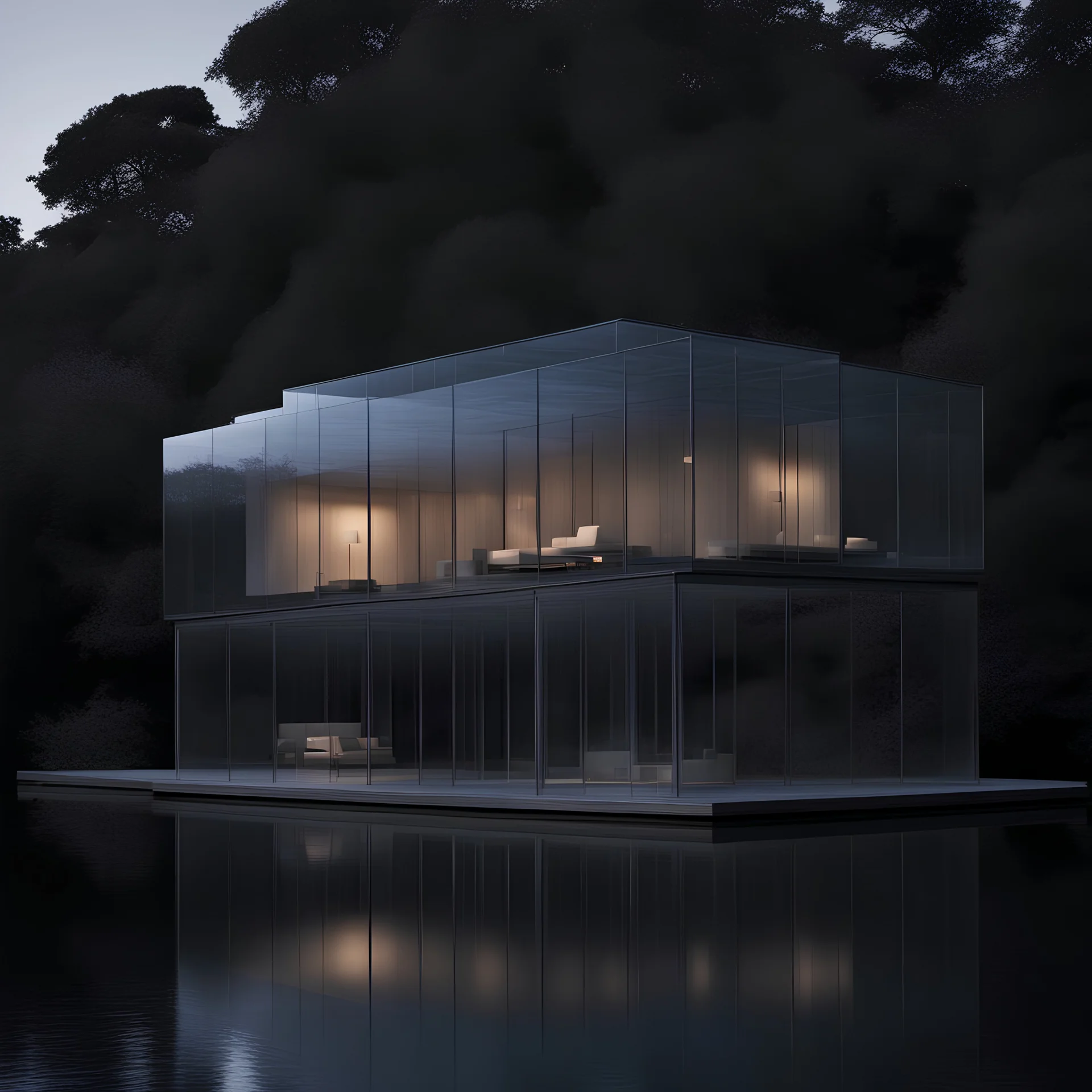 modern house,Ethereal glass structure suspended over a serene body of water, showcasing the innovative architectural style of Renzo Piano, captured by Hiroshi Sugimoto