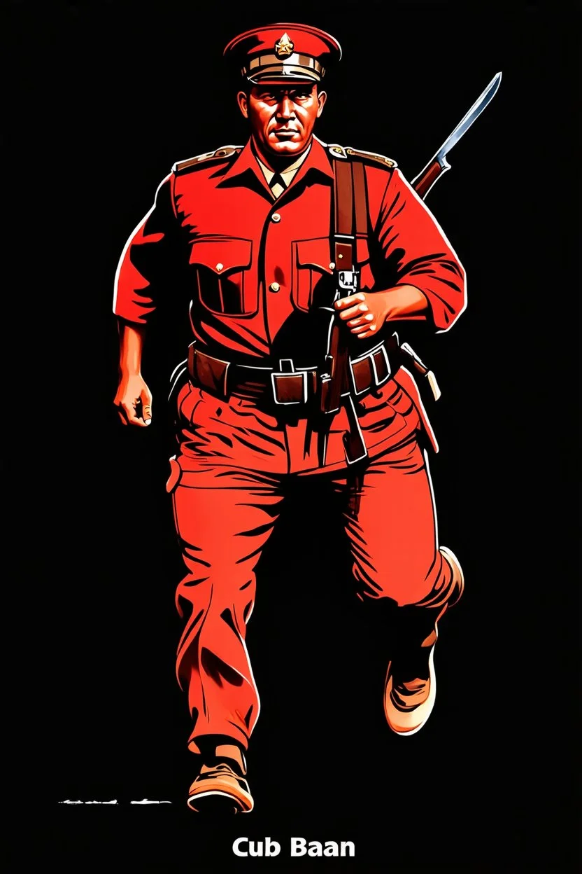 Cuban soldier(uniform and face based on racist steriotypes) running towards viewer, a knife i one hand, and a gun(barrel pointing at viewer) in the other. retro 1960's poster monochrome with white background