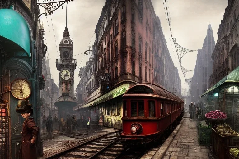 Corner Train run raid Train Canal River and corner shop greengrocer in colorful Italian street+Gothic city+BioShock+Dishonored+Bloodborne +trieste+Edinburgh+Chicago+victorian London+decòpunk Skyscraper+ +steampunk+biopunk+alphonse mucha, greg rutkowski,matte painting, cryengine, hyper detailed, felix kelly, fantasy art, seb mckinnon