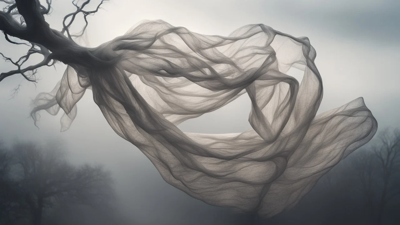 Multiple entanglements between a twisted thin piece of cloth as part of many twisted and spiraling branches disappearing into the distant mist, epic photo, sharp on highly detailed skin with wrinkles and high contrast, photorealistic, 4K, 3D, realism, hyperrealism, detail, good lighting, detailed texture, modern photography style, 3D, 4D, 4K --2:3