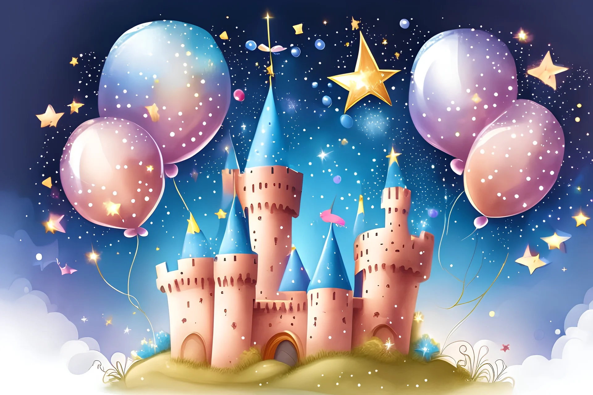 a sparkling star, a castle, elements like balloons and confetti. children book style illustration. realistic