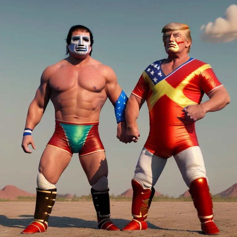 Realistic image of Donald trump wrestler, Mexican wrestling style, Mexican wrestling mask for eyes, red and blue breeches, glow us flag dress, suspenders, retro style, 80s, vibrant color, highly detailed, sky background, concept art, unreal engine 5, god rays, ray tracing, RTX, lumen lighting, ultra detail, volumetric lighting, 3d, finely drawn, high definition, high resolution.