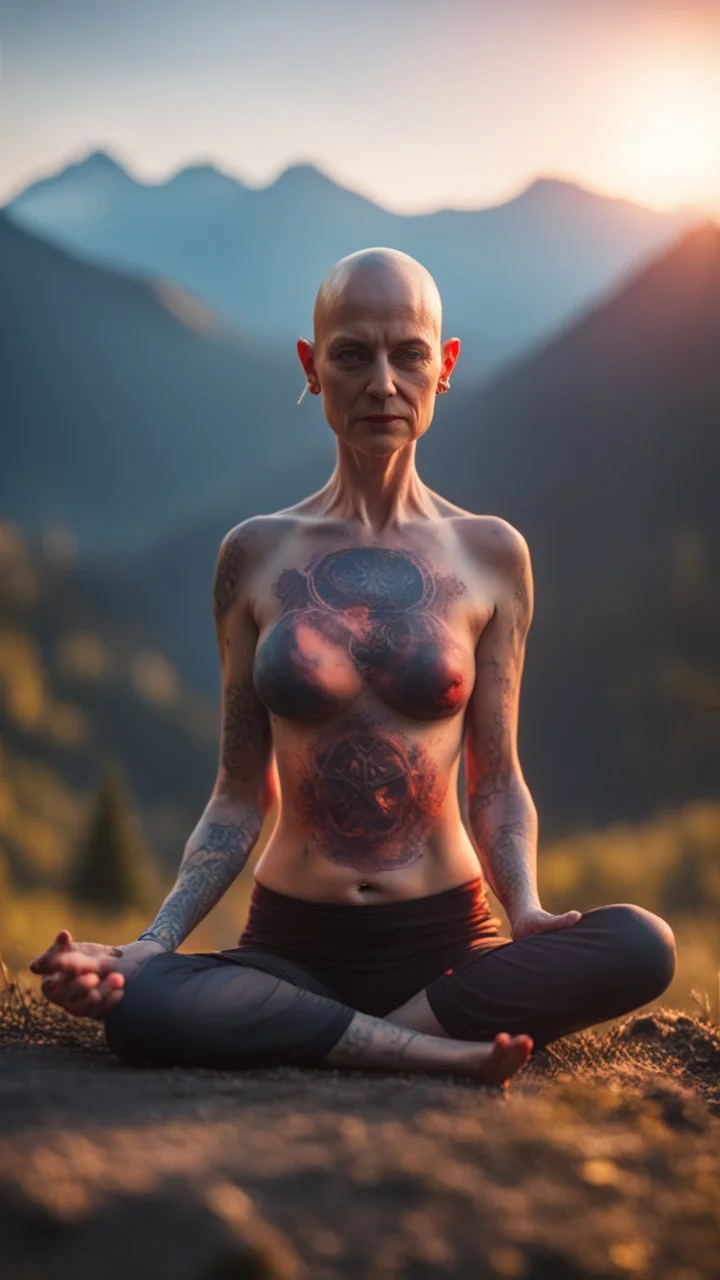 spray paint, body with dark outline, portrait of bald witch as yoga Vampire stretching in the sun with psychedelic tattoos in carpathians montains sun set ,bokeh like f/0.8, tilt-shift lens 8k, high detail, smooth render, down-light, unreal engine, prize winning