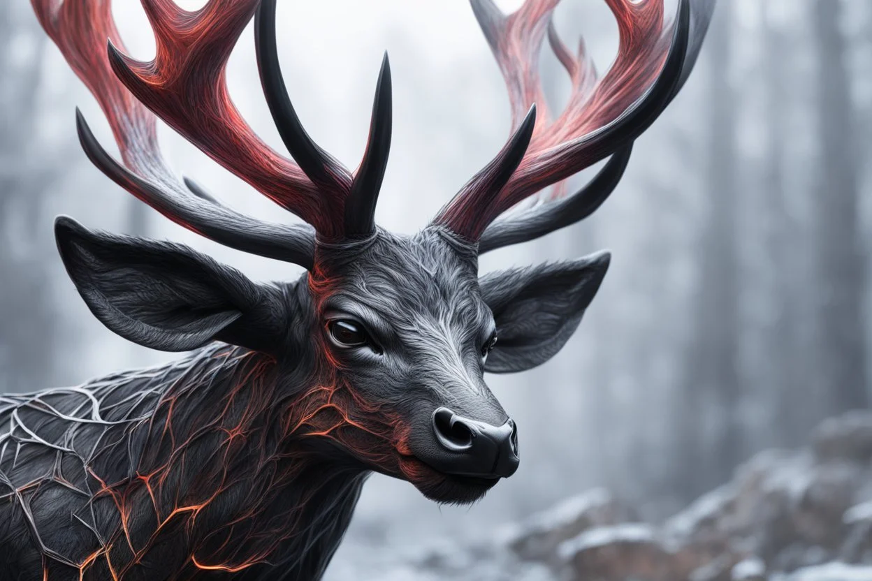 Black Shadow symbiote in 8k realistic anime e drawing style, human model, close picture, Deer them, neon color, crystal antlers deer, intricate details, highly detailed, high details, detailed portrait, masterpiece,ultra detailed, ultra quality