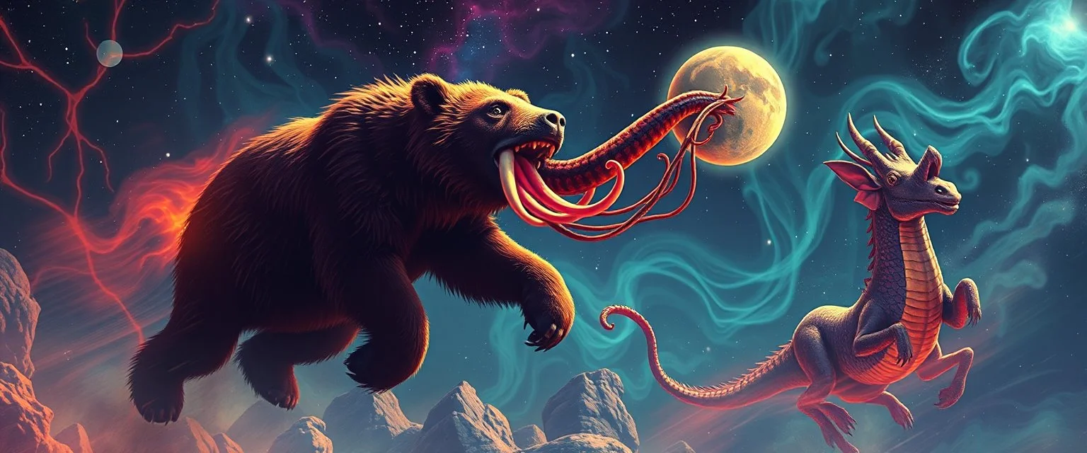 bear ant eater squid elephant horse dragon floating in 4 dimensions, goa trance movie poster, stylized art