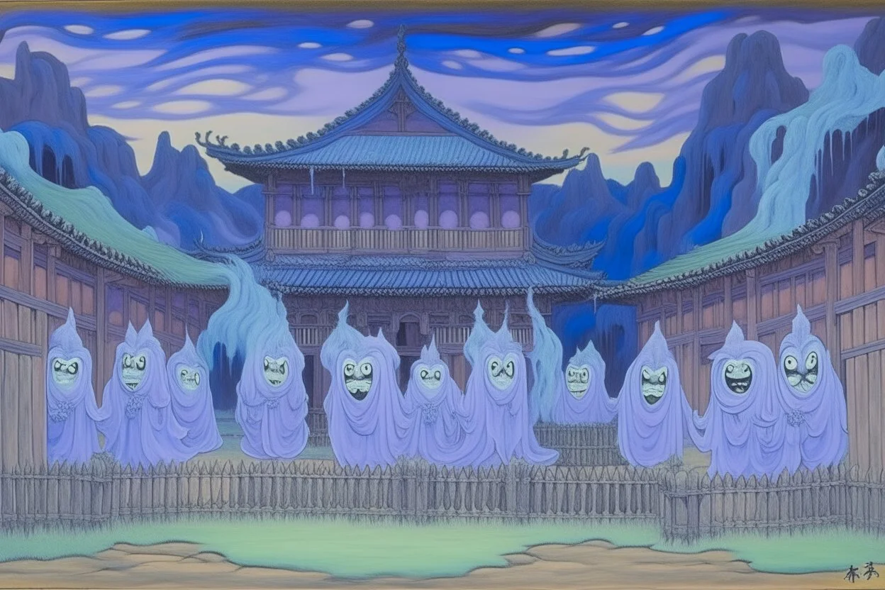 A light purple haunted prison with slimy ghosts designed in Japanese Oni masks painted by Vincent van Gogh
