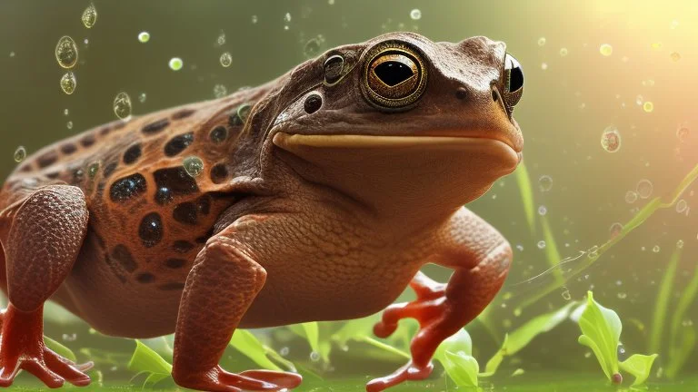 screenshot of a smartphone game, horizontal display, start screen, rear medium shot of a stylized and happy young brown frog with black stripes in its natural habitat at sunset, plain with wetlands, ravines, river with water hyacinth, ceibos and willows, dragonflies, beetles, dewdrops, melancholic and dreamy atmosphere, digital art