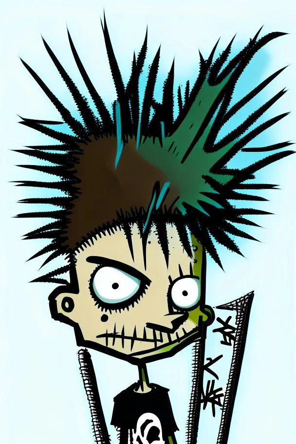 2d drawing of a stickman, cool with punk hair, x eyes like in hangman, showing piece sign,3d realistic in colour