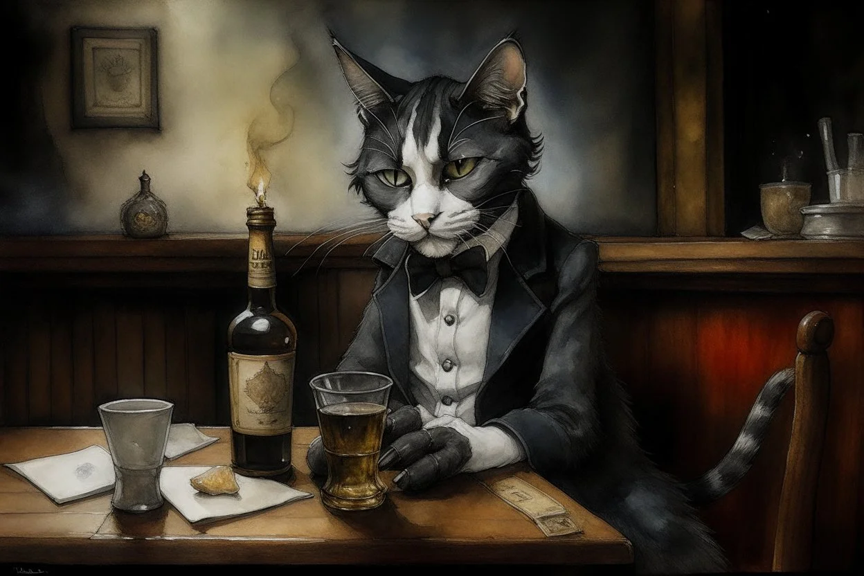 childrens book illustration, macskássy izolda, a frightened looking black and white cat with a cigarette in his mouth, a glass of whiskey in his hand, looking just at us in a smoky pub, van eyck, painted on rough canvas with exaggerated lines, sharp brushstrokes, dripping, plastic paint watercolor and ink, oil on canvas jean baptiste monge