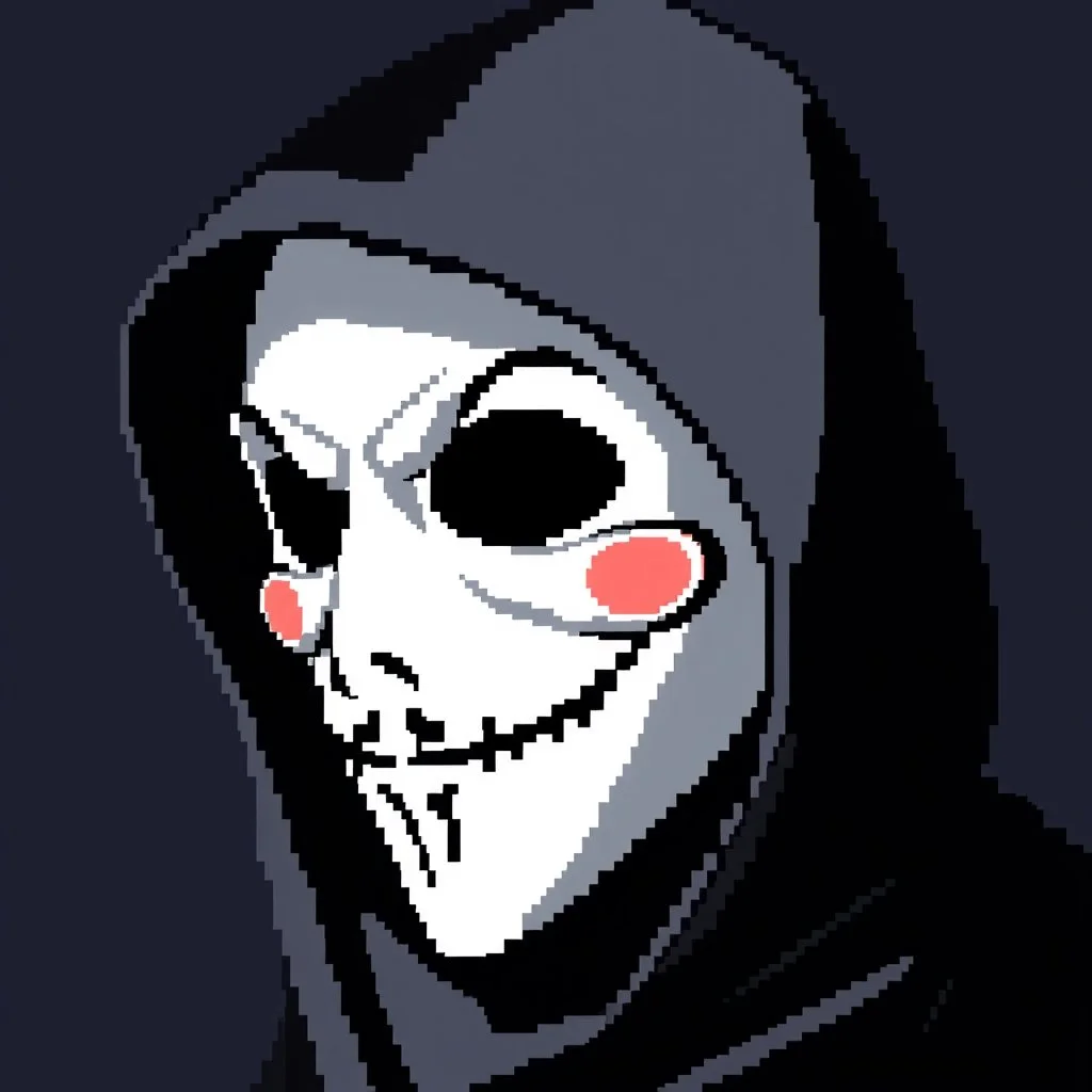 18 bit pixelart of a shadow figure with a white smooth wide smiling mask fawkes