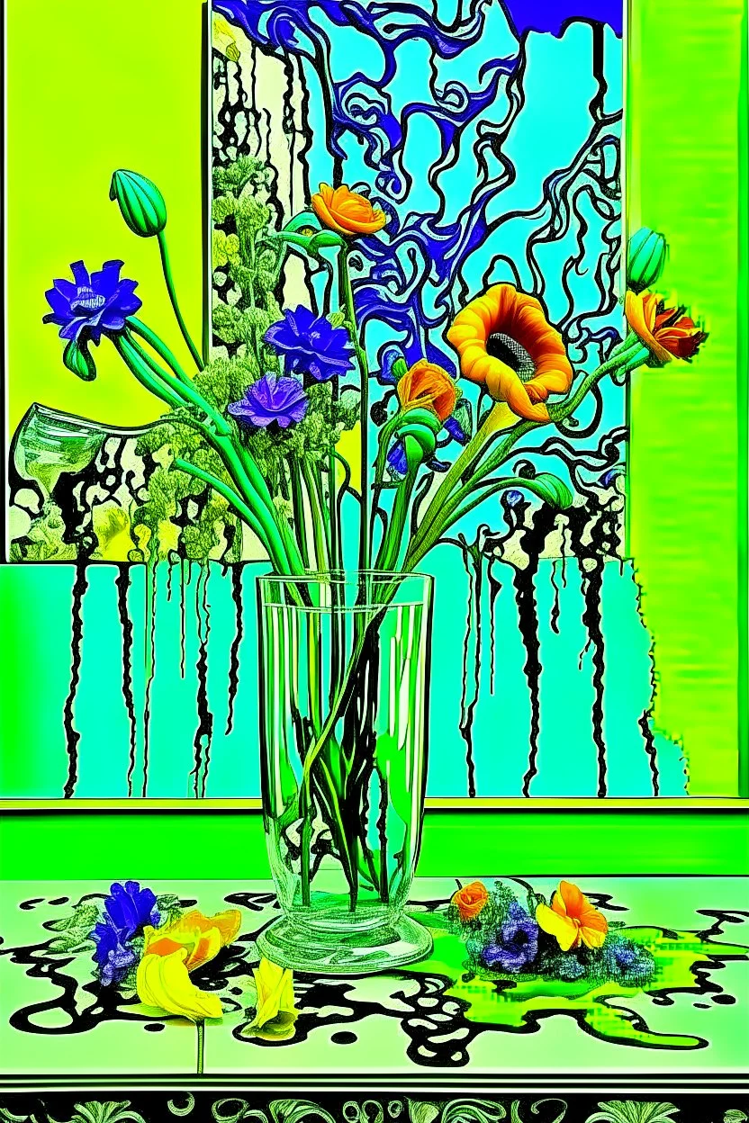 melted flowers in a glass vase, melted family pictures on the wall in the style of Salvador Dali's with green, blues, orange and purples, surrealism style