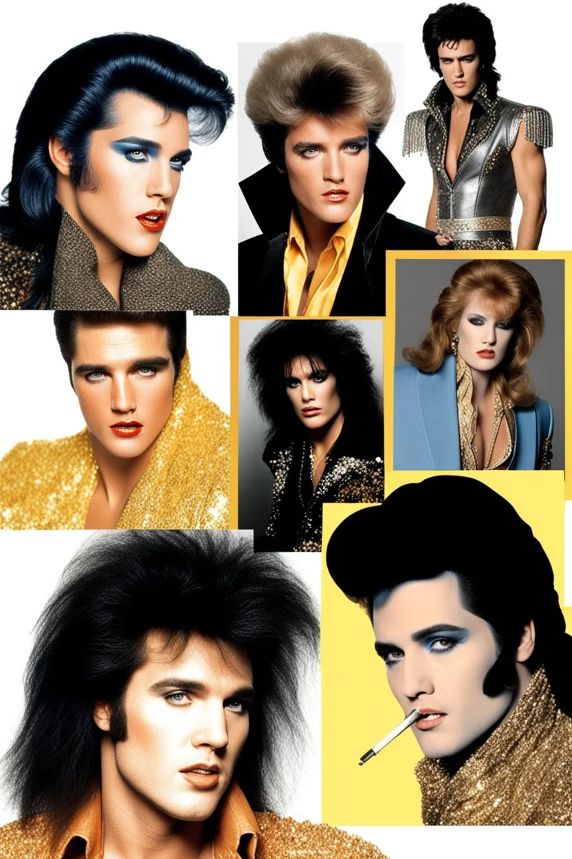 What Elvis Presley would look like if he were in a 1980s, big hair, glam rock band that wears facial makeup and crazy costumes