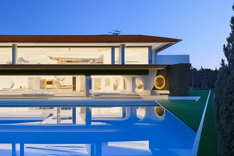 algarve in quinta do lago, one straight line building of two floors on a slope of pine trees, with a 250 meters long pool on the rooftop building, modernistic luxury architecture with wood and gold metallic pergolas with pool on rooftop, on a slope with pinus pinea, a road wrap around for low speed veicular road