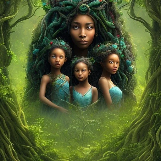 Painting .three women. A mother. Two daughter. Twins. A mother with her children the faces of three young black women. wood nymphs emerging from the forest. Her hair looks like vines. Dreadlocs. Her skin is the colour of dark soil. Her skin looks like tree bark. Her clothing is made of vines, grass and leaves.