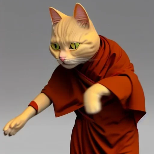 Un chat habillé en moine bouddhiste, anthropomorphique, très détaillé, représentation 3d, un maximum de détail