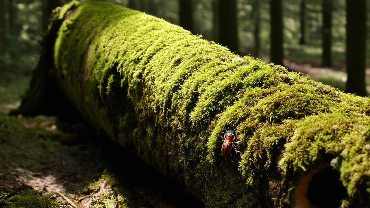 The mossy log sat silently in the forest, covered in a vibrant green blanket of moss. Small insects scurried along its rough bark, while sunlight filtered through the canopy above. The log was a hidden refuge for woodland creatures, its damp and earthy scent filling the air.