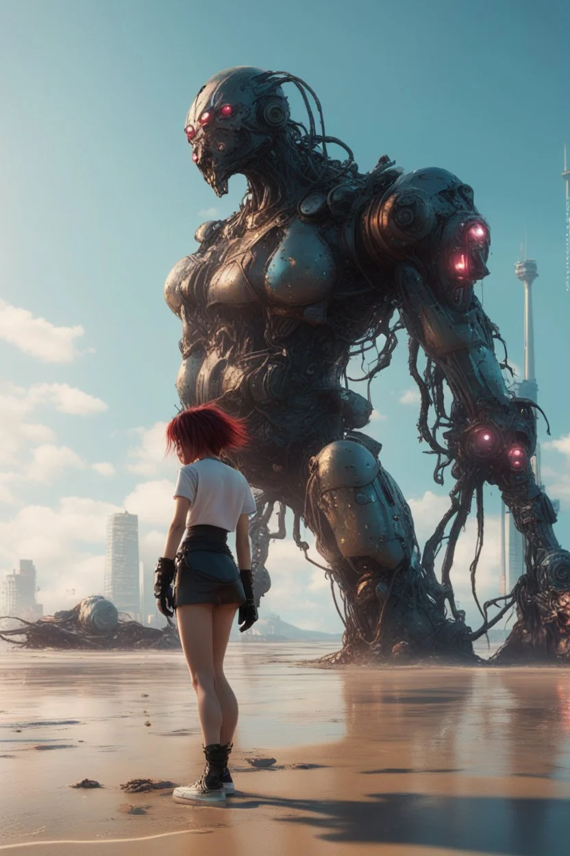 8K, masterpiece, photo-realistic, amazing reflections, wonderful textures, perfect skin, dynamic, cinematic, dramatic, deep low angle: a giant cyberpunk coffee monster and a cyberpunk girl talks on a polluted littered nuclear beach, front view, close-up, summer vibe, Akira vibe, Katsuhiro Otomo style, bold vivid colors, sharp shadows, black outlines, ultra detailed, extremely intricate, sweat droplets