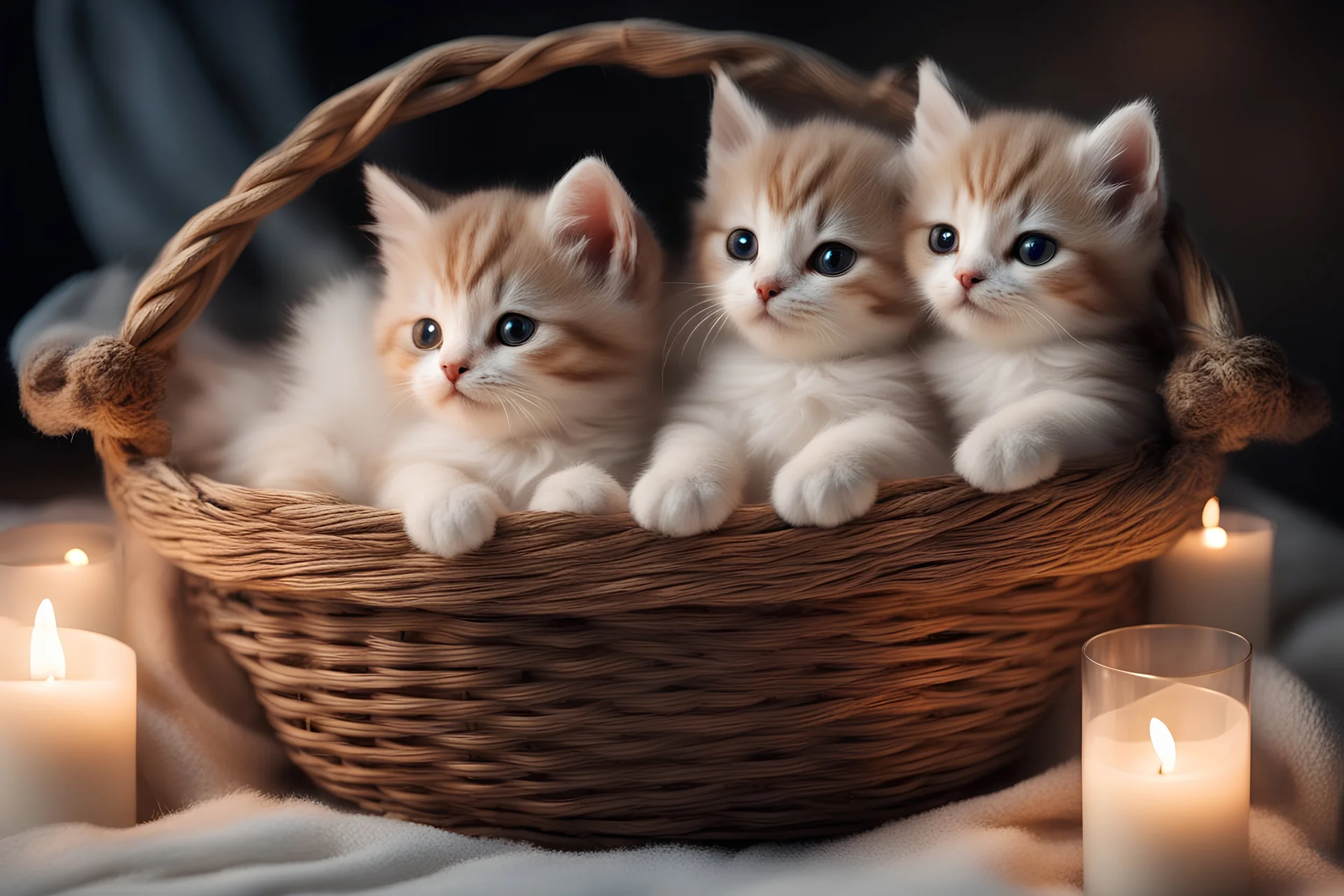 Cute stuffed kittens lie in a carved basket on a soft sling, by candlelight