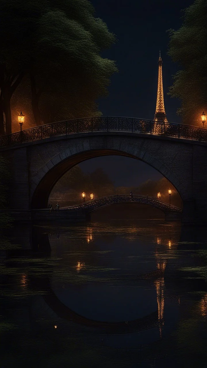 Paris and the bridge on the Sean river at night , in professional concept art, medieval magic path at night, full of details , a great quality picture , 8k , cinematic