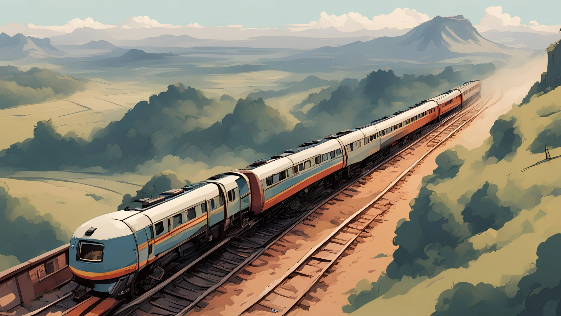 Look out of the plane, Storyboard, 3D view, Top under, Down The Rails, Old Indian train, down the valley, History, Vector, So far, Seeing the train from above, Above, top, old train, Heli shot, 1900 AD, Real, Digital Painting, flat color, Vector Art