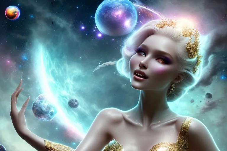  beautiful cosmic woman, nice smiling, magic glamour make up, delicate colors, beautiful glamour galactique dress, ultra sharp focus, 8k, unreal engine 5, extremely sharp detail, light effect, soft light atmosphere of a spaceship, smooth, full of details, face in front, complete vision of face and hair and body