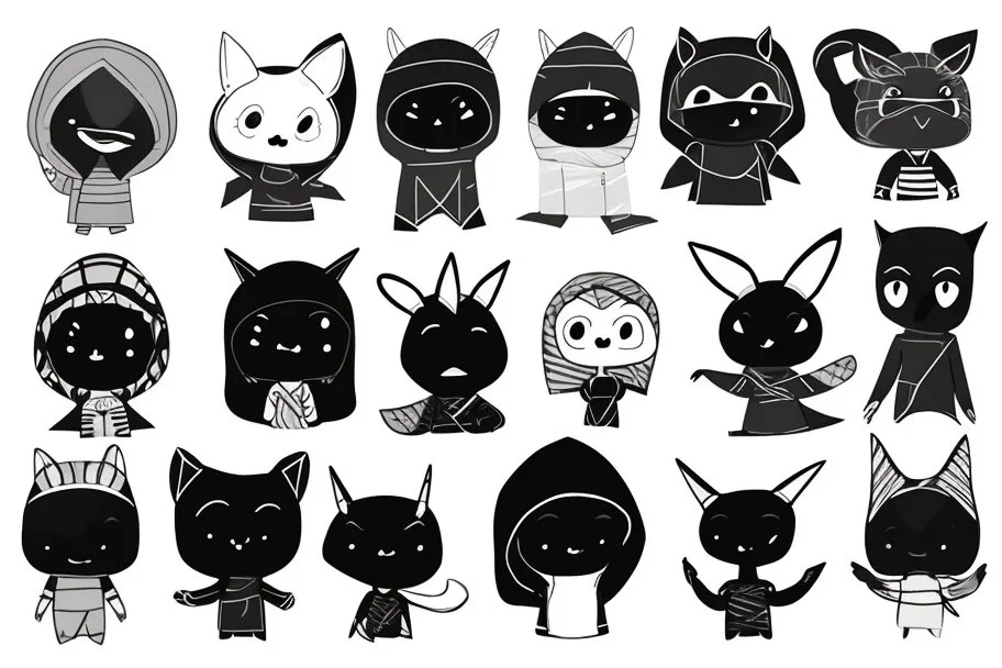 6 simple shaped hand drawn cartoon characters that are cute dark and have hoodies