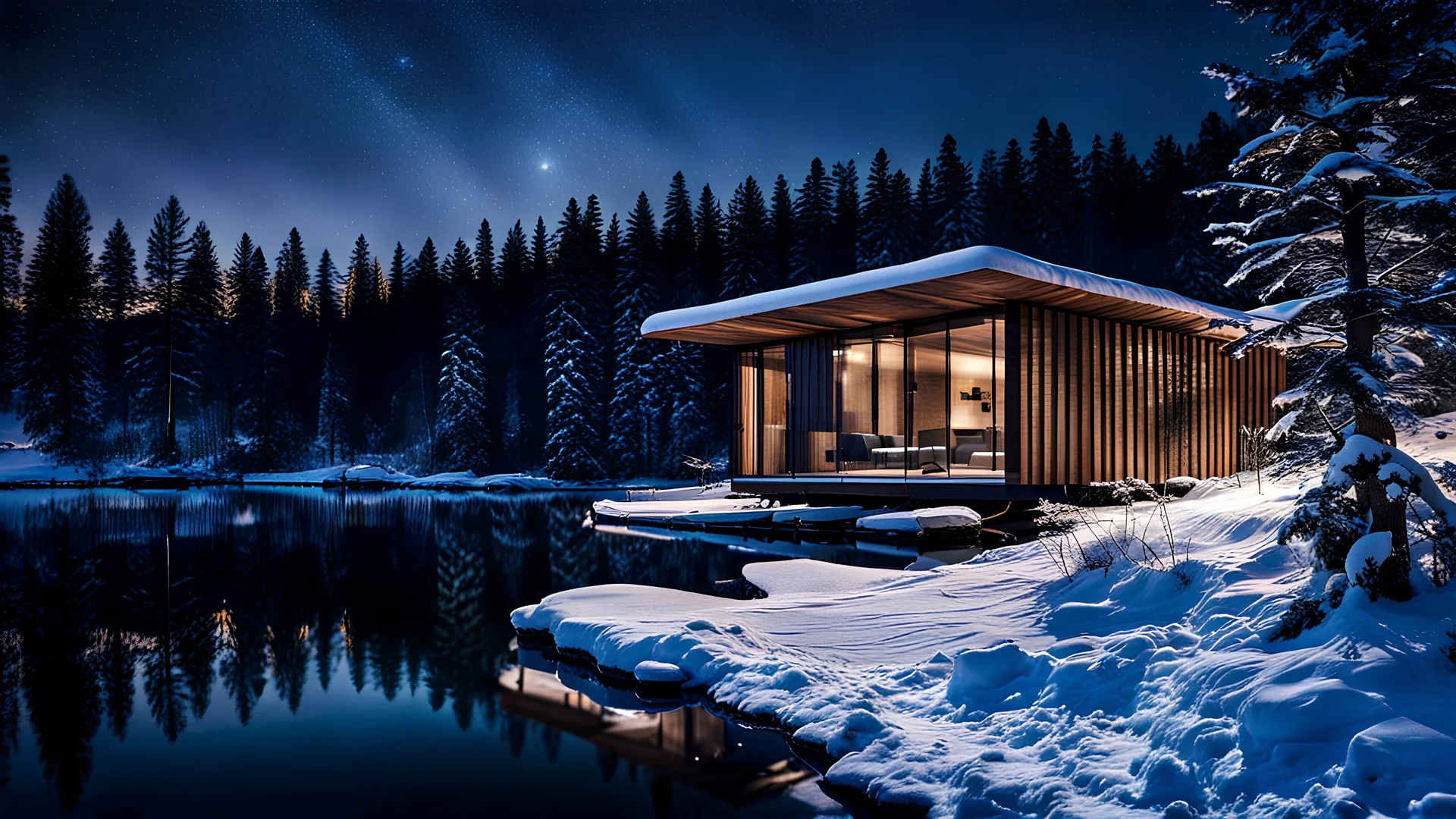 night, Δασος από ελατα στην ακρη μιας λιμνης,a modern winter cabin of wood ,lakeside