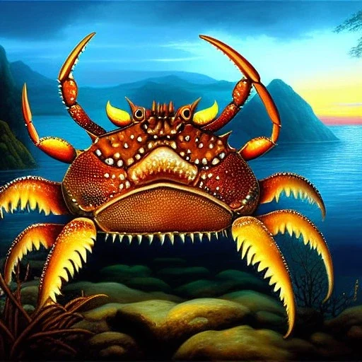 ultra detailed fullbody Drawing of Sea monster Giant Crab on the shore ,with sharp teeth, extremely detailed digital painting, intrincate, extremely detailed face,crystal clear Big eyes, in the style of Frank Frazetta, mystical colors , perfectly centered image, perfect composition, rim light, beautiful lighting, 8k, stunning scene, raytracing