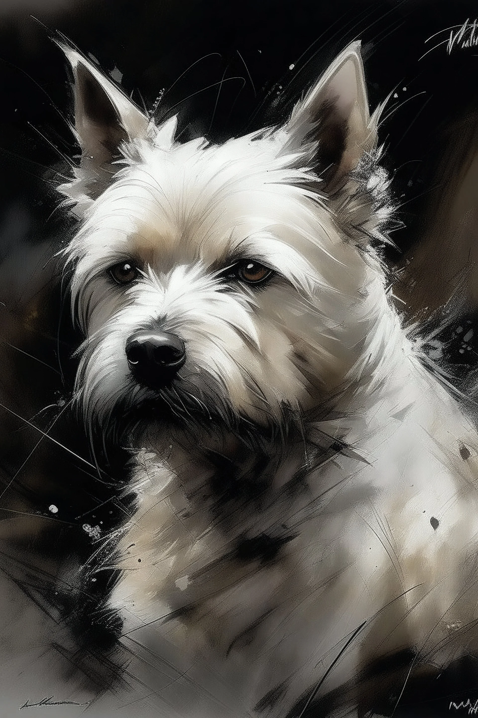 Portrait of a White West highland terrier dog with gentle expression in the style of Agnes Cecile, Willem Haenraets, Yoji Shinkawa, Guy Denning, Florian Nicolle In chalk and rough pastel on rough,textured paper