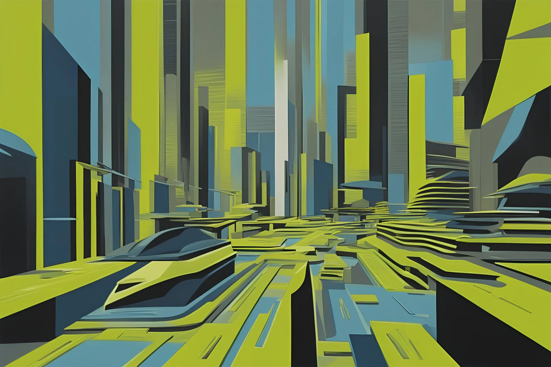 retro futurism style hustle and bustle, loop kick, (deconstruct:43), urban canyon, centered, great verticals, great parallels, hard edge, colors of metallic chartreuse and metallic steel blue