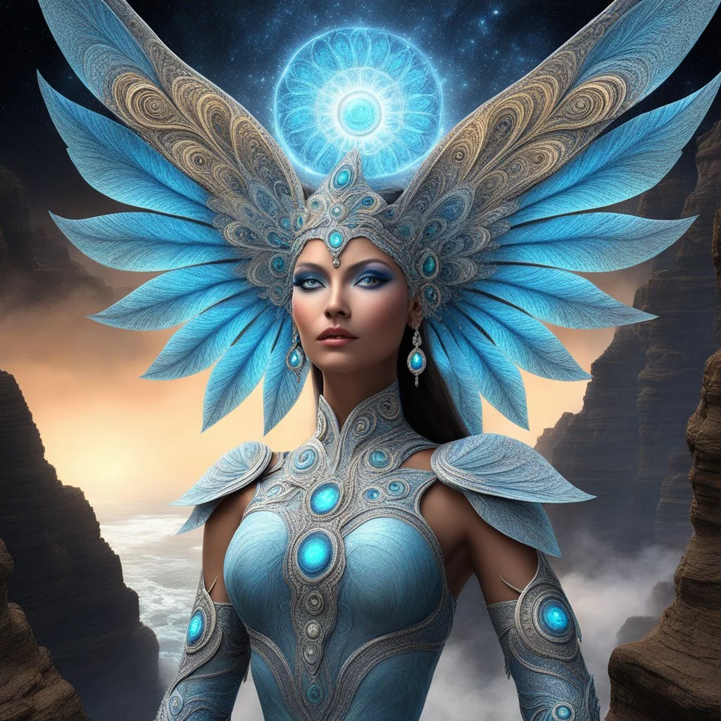 This spiral fractal image consists of At the cliff's edge, a woman of unearthly beauty and power stood, her alien features captivating all who beheld her. Adorned with four eyes and four wings, she exuded a mystical aura that defied mortal understanding. With skin as pure as the cosmos, she radiated an ethereal light, embodying the essence of divinity. In her four arms, she held the balance of creation and destruction, a deity poised at the threshold of possibility. Created using Ultra Fractal