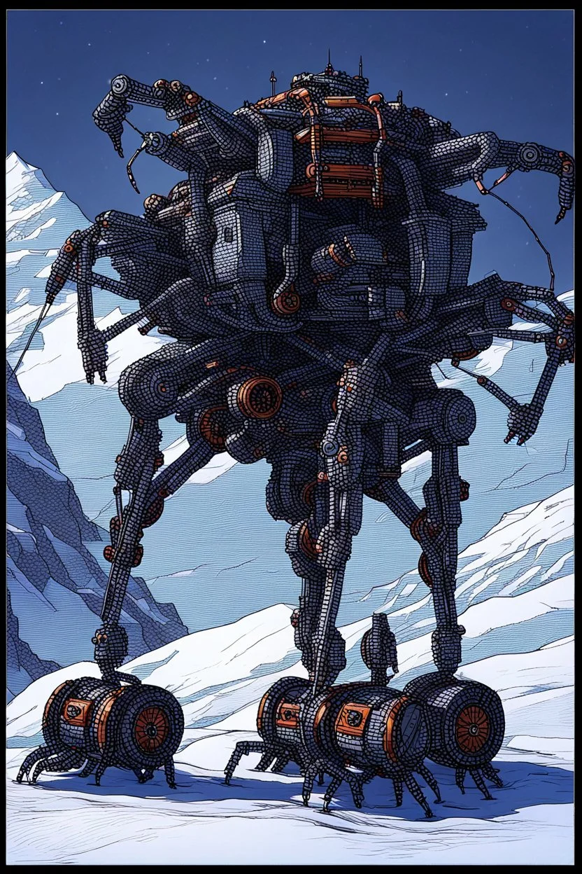 a mechanical walker with eight legs scaling a very steep snow covered side of mout everest at night, it has a smooth surface, it has storage pods on its belly human can fit in the pods