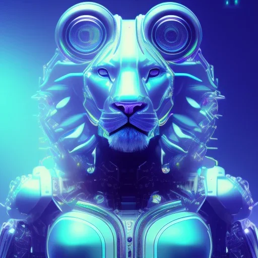 A beautiful portrait of a cyborg lion blue neon color scheme, high key lighting, volumetric light high details psychedelic background