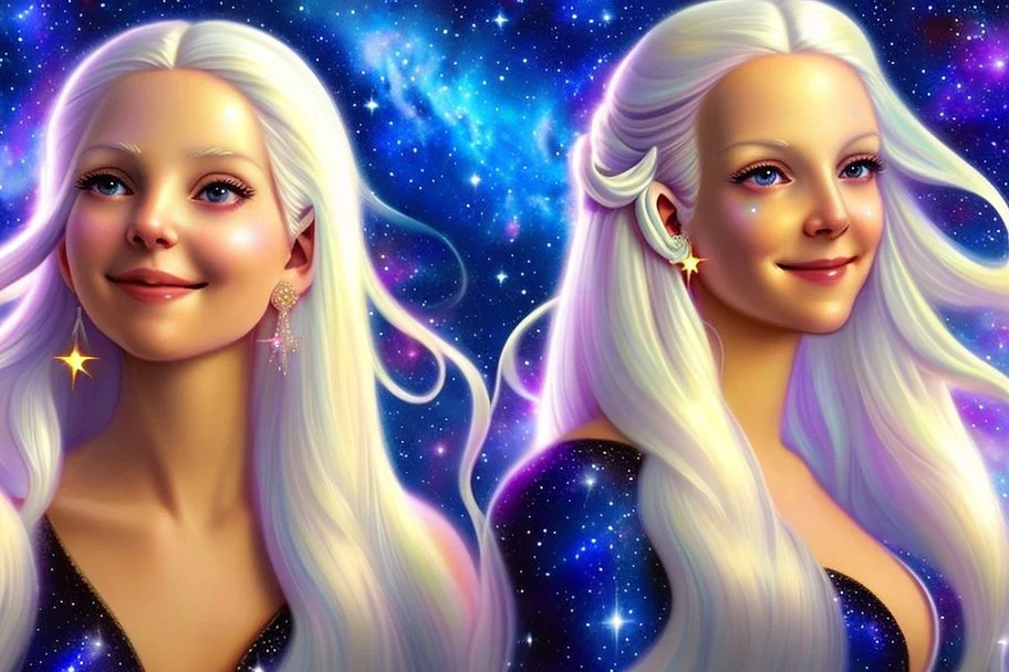 very beautiful cosmic women with white long hair, smiling, with cosmic dress and bright earings. in the background there is a bautiful sky with stars and light beam