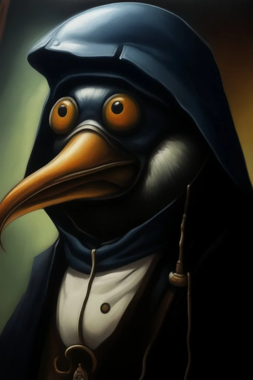 Pengu, oil painting. dark fantasy cover 1970, closeup dnd business style. investor, money.